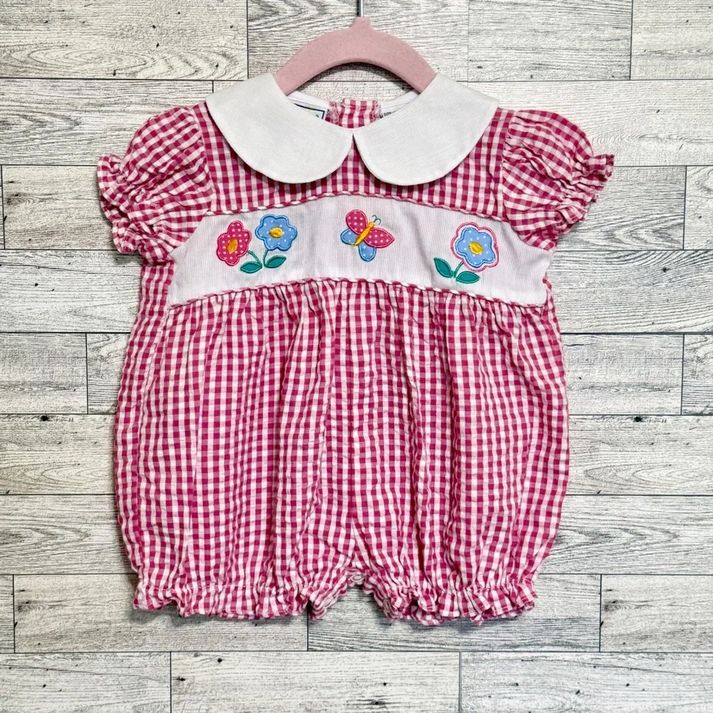 Good Kidz Pink Gingham Bubble Romper Floral‎ Butterfly 3-6M Peter Pan Collar